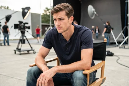 Acteur réfléchi assis dans une chaise de réalisateur sur un plateau de tournage, évoquant les coulisses d'un film de super-héros comme Amazing Spider-Man 3