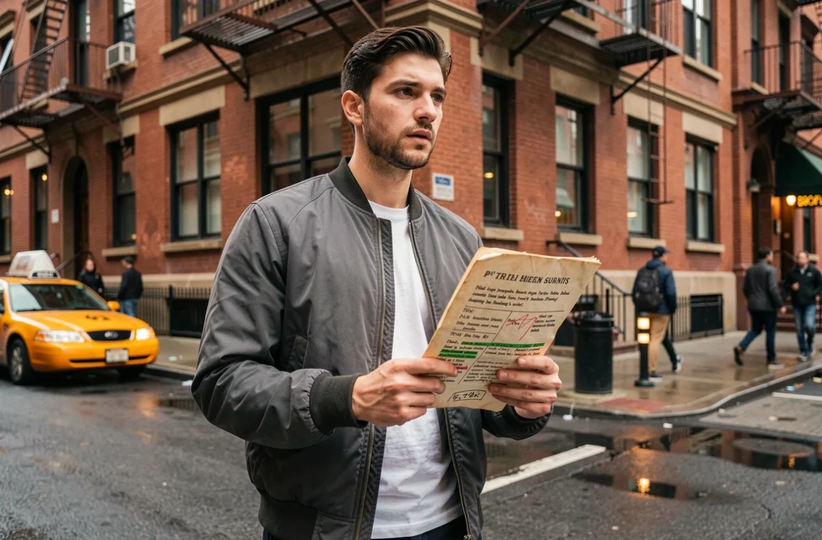 Jeune acteur tenant un script annoté devant une façade de New York, symbolisant la préparation d'un rôle dans Amazing Spider-Man 3