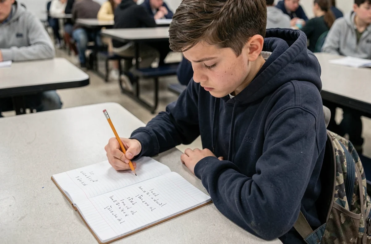 Adolescent hésitant avant d'écrire dans un cahier de conjugaison française pendant une pause scolaire