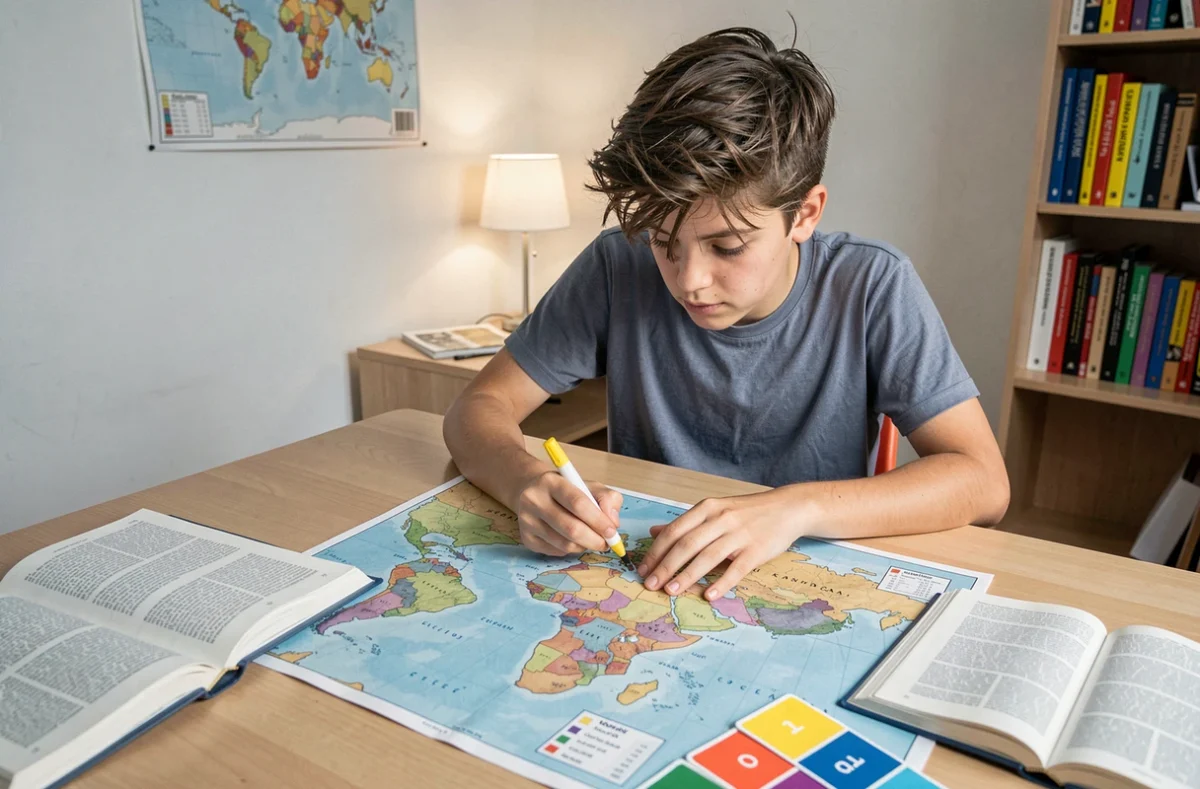 Adolescent étudiant l'espagnol en annotant une carte illustrée des pays hispanophones à son bureau