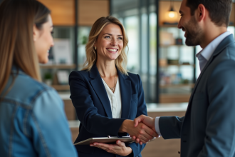 Agent immobilier souriante serre la main d'un couple