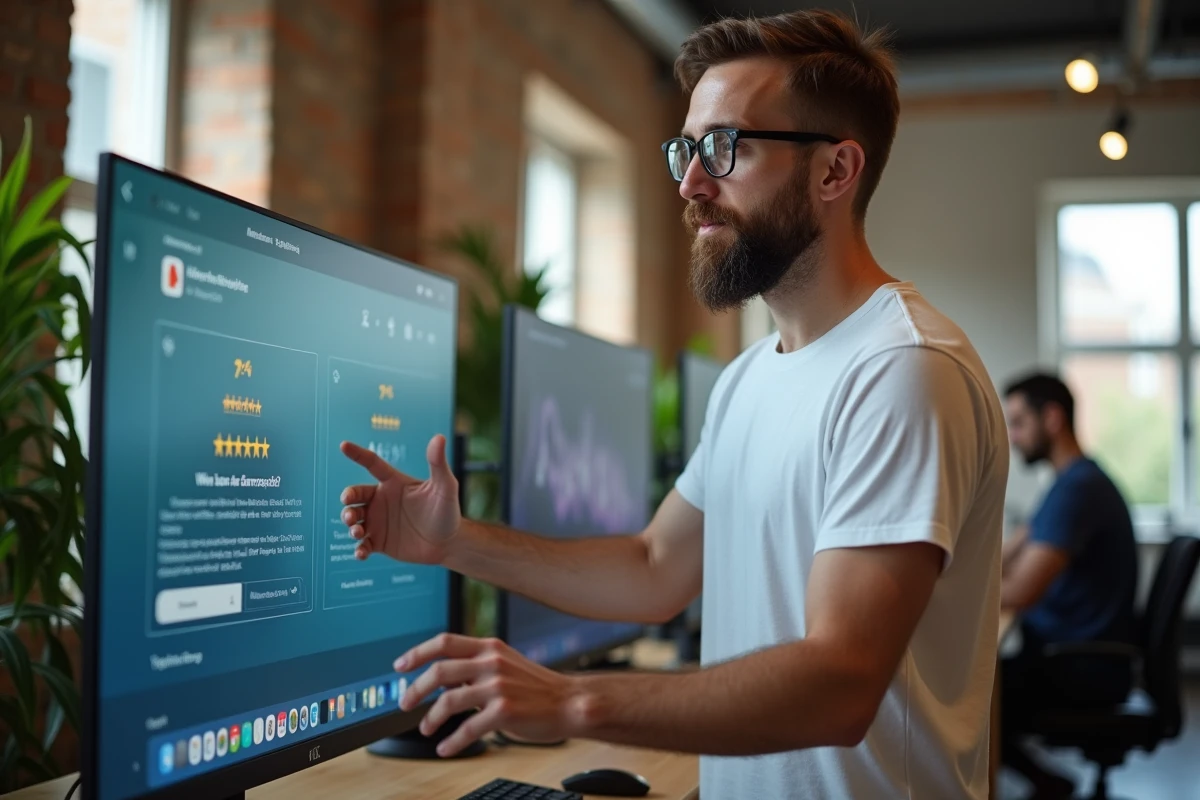 Homme en espace de co-working analysant les meilleures alternatives au site Faljam sur grand écran