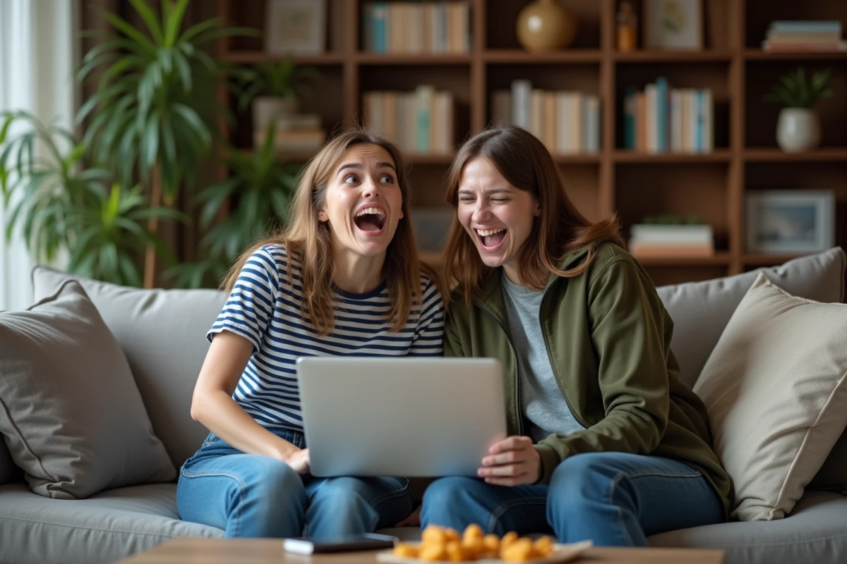 Deux amies riant et réagissant ensemble en jouant à un jeu de la bombe en ligne sur un ordinateur portable