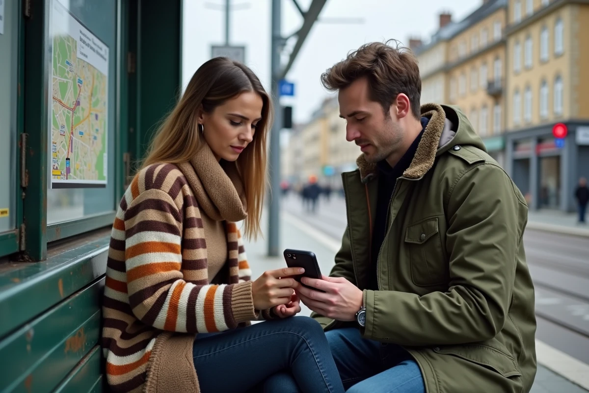 Deux amis consultant une application de navigation tramway à un arrêt de tram à Nantes