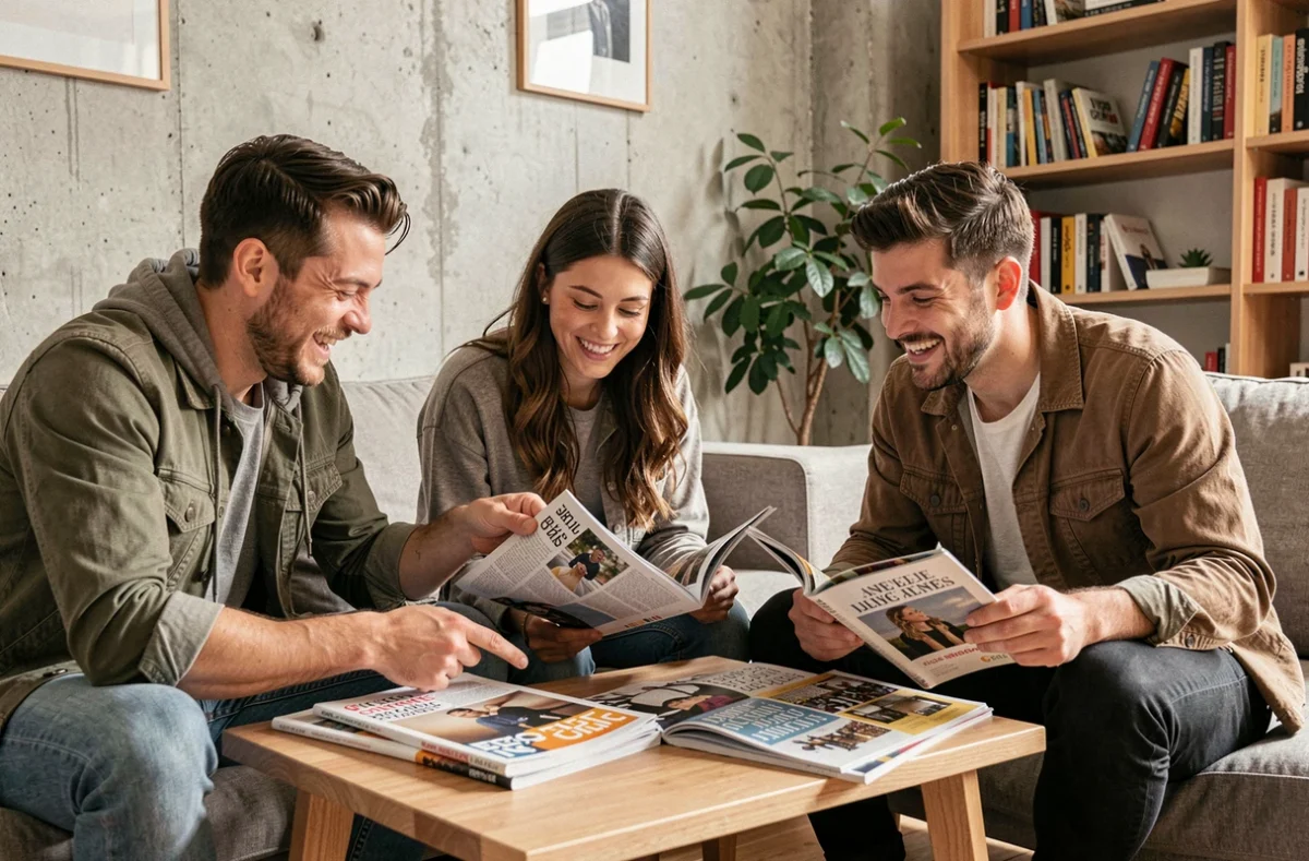 Groupe d'amis parisiens partageant la lecture d'un magazine culturel français dans un appartement moderne