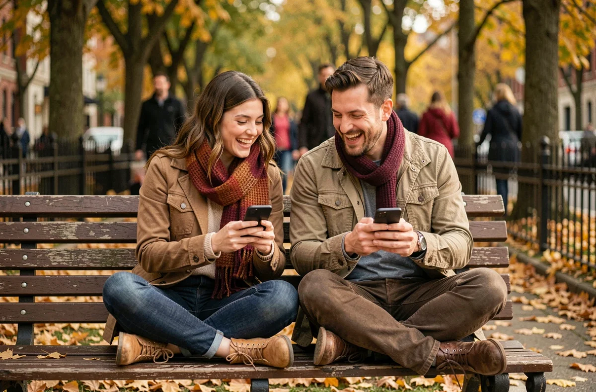 Deux amis assis sur un banc de parc en automne riant ensemble en lisant des rimes et des surnoms créatifs sur leurs smartphones