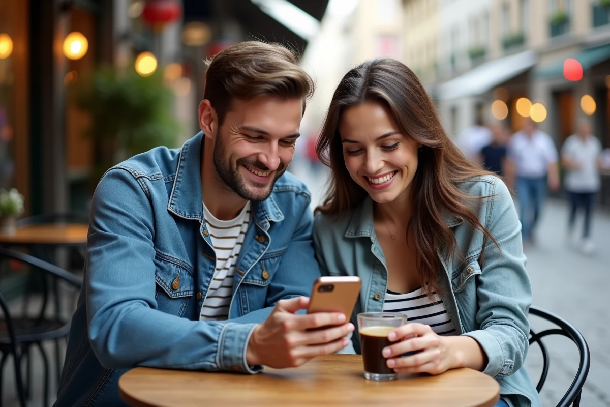 Deux amis découvrant ensemble un site de dés gratuits pour Monopoly GO à la terrasse d'un café