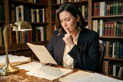 Une femme universitaire analyse une didascalie dans un script de théâtre annotée, entourée de livres littéraires dans un bureau académique