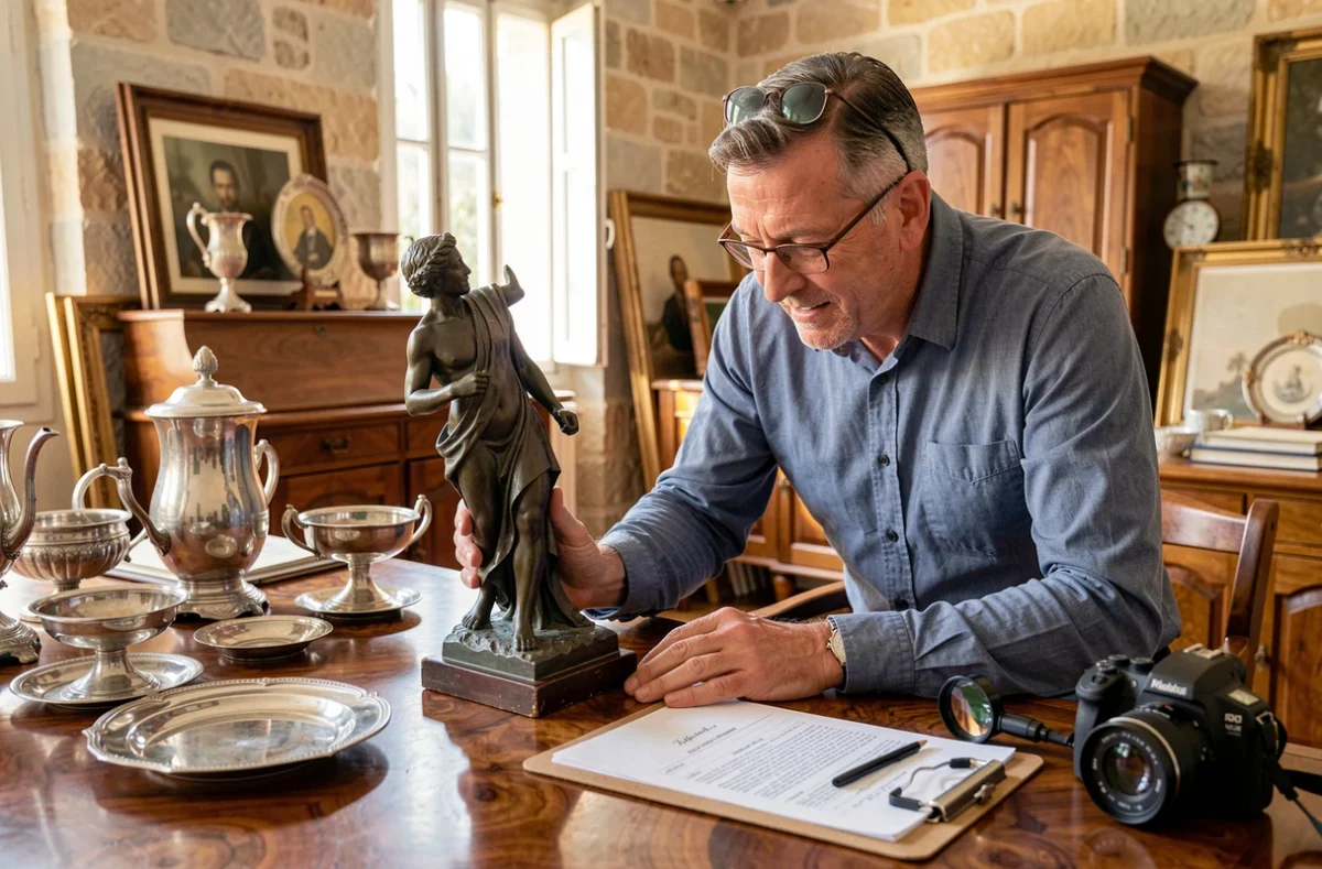 Antiquaire-débarrasseur des Alpes-Maritimes expertisant une sculpture en bronze lors d'un vidage de villa près de Nice