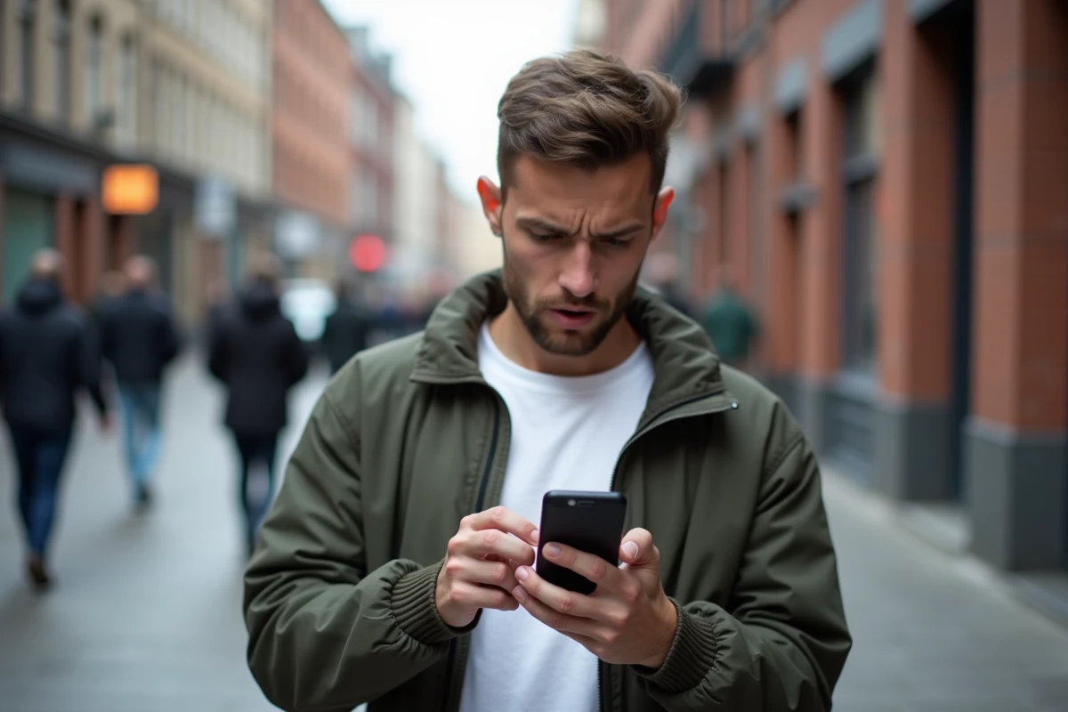 Personne consultant une application de recherche inversée de numéro de téléphone dans la rue