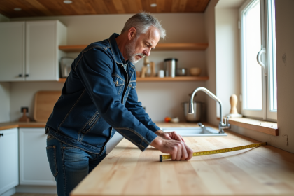 Artisan homme mesurant un plan de travail en bois dans une cuisine en rénovation
