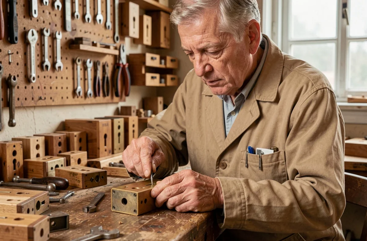 Artisan serrurier de l'Atelier Delaunay travaillant à la main sur une serrure ancienne dans son atelier à Rouen