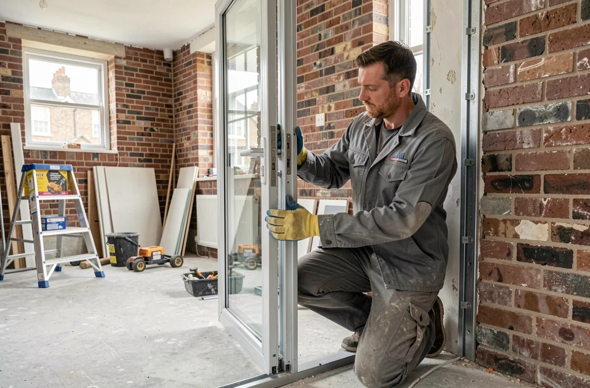 Spécialiste de Bati Plus ajustant un encadrement de porte lors d'une rénovation résidentielle à Rouen