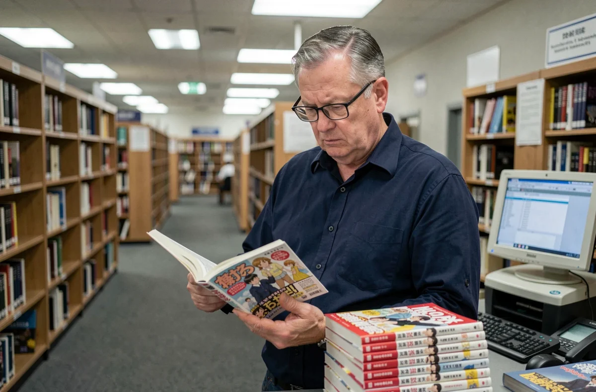Bibliothécaire examinant des volumes manga dans une bibliothèque publique, symbolisant le débat sur la censure et la sélection éditoriale des mangas