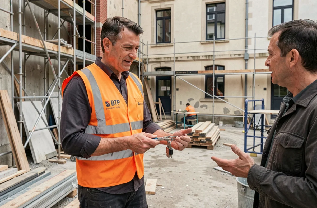 Professionnel de BTP Services Plus tenant une serrure sur un chantier multi-travaux à Rouen avec échafaudages en arrière-plan