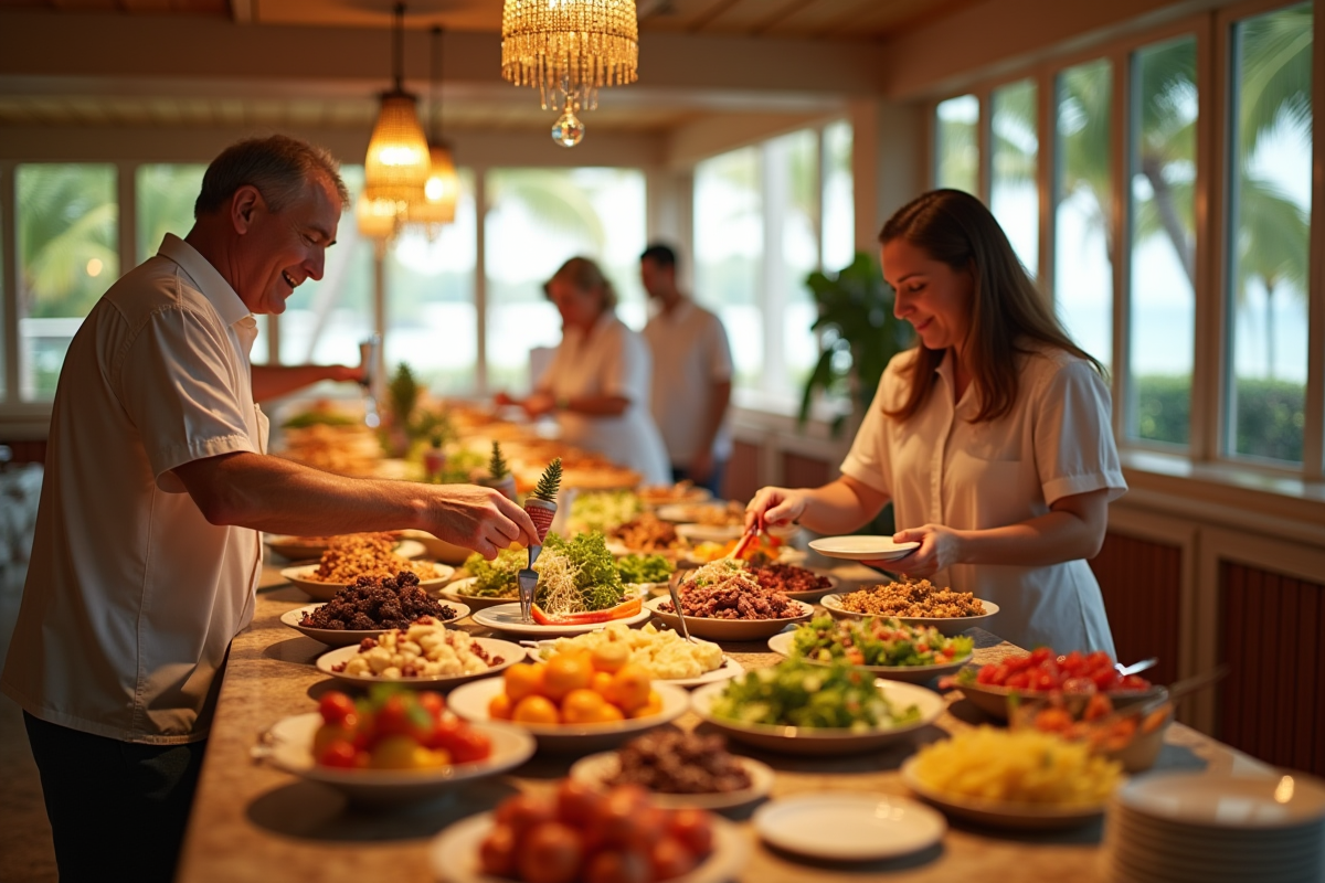 Buffet coloré avec cuisine internationale dans un resort convivial