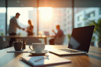 Espace de travail moderne avec ordinateur et café lumineux