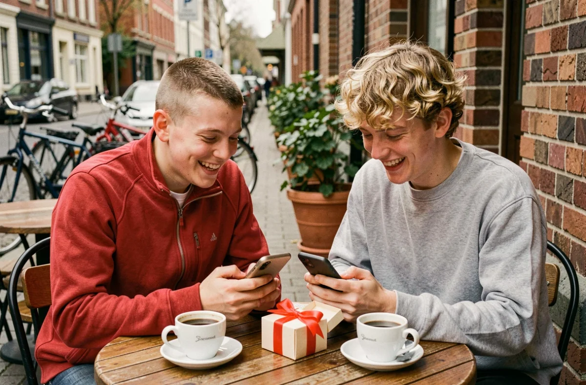Deux adolescents de 17 ans partageant un moment autour d'une idée cadeau en terrasse de café