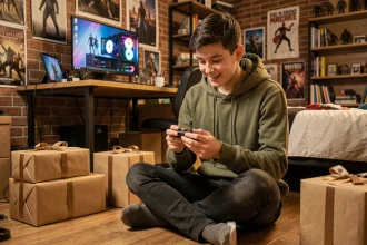 Adolescent de 17 ans découvrant une idée cadeau dans sa chambre entouré de paquets cadeaux