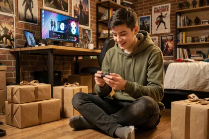 Adolescent de 17 ans découvrant une idée cadeau dans sa chambre entouré de paquets cadeaux