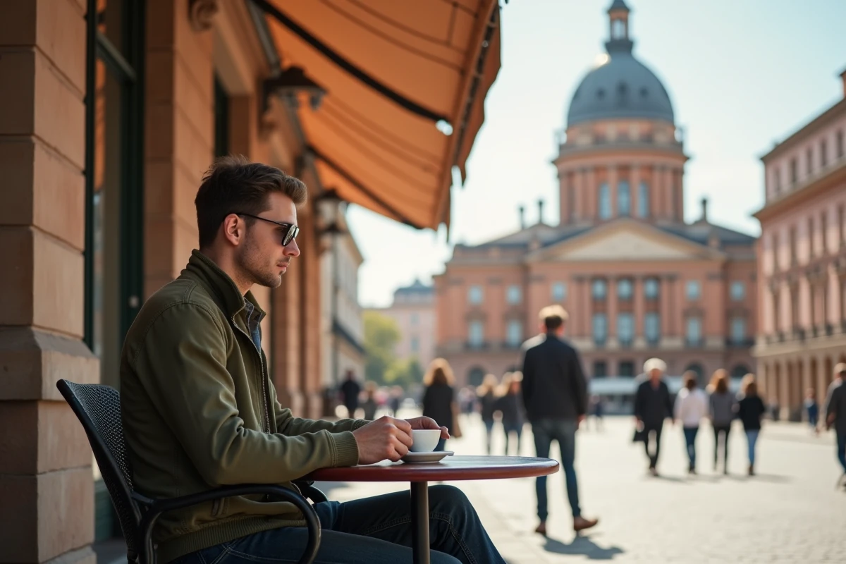 Homme savourant un café en terrasse sur la Place du Capitole avec vue sur la façade néoclassique de Toulouse