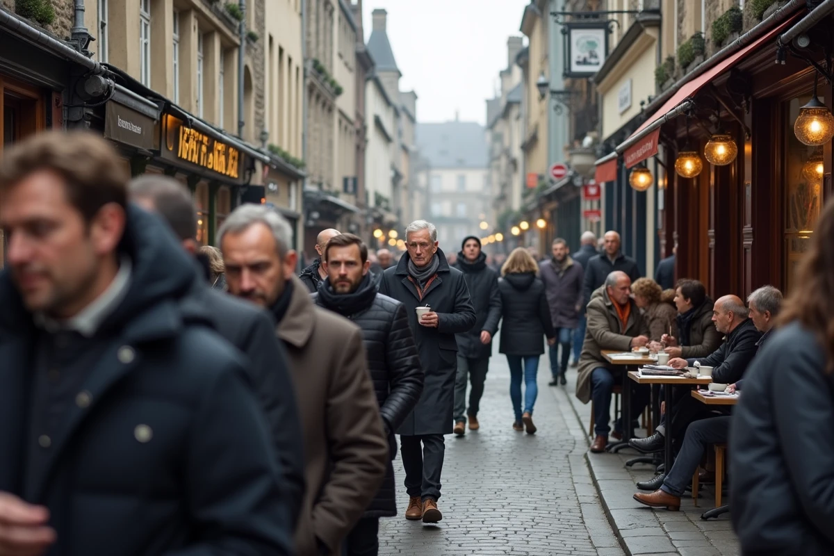 Rue piétonne animée du centre-ville de Rouen avec colombages médiévaux et passants illustrant la densité urbaine en Normandie
