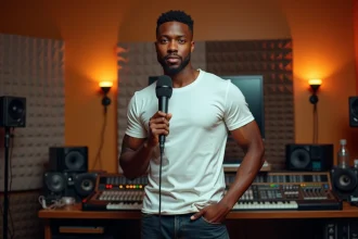 Chanteur américain en studio d'enregistrement tenant un microphone, ambiance musicale authentique