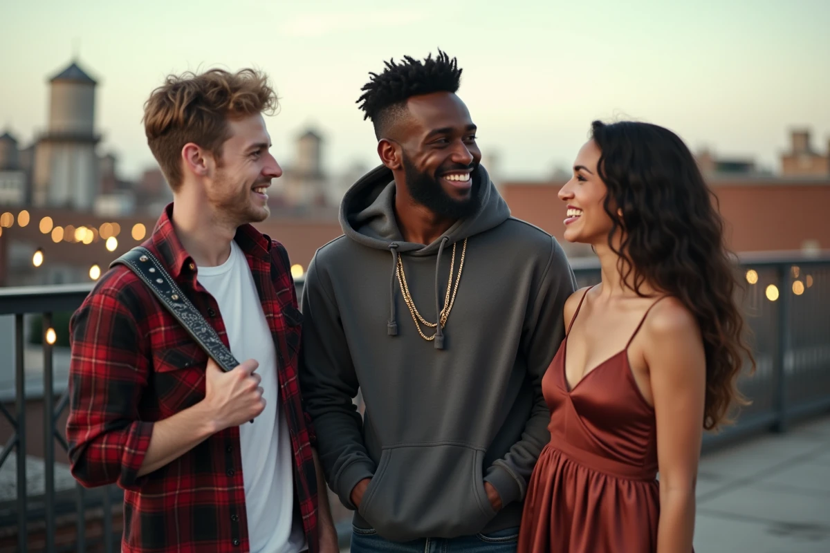 Trois jeunes Américains sur un toit urbain représentant les genres musicaux rock, rap et R&B