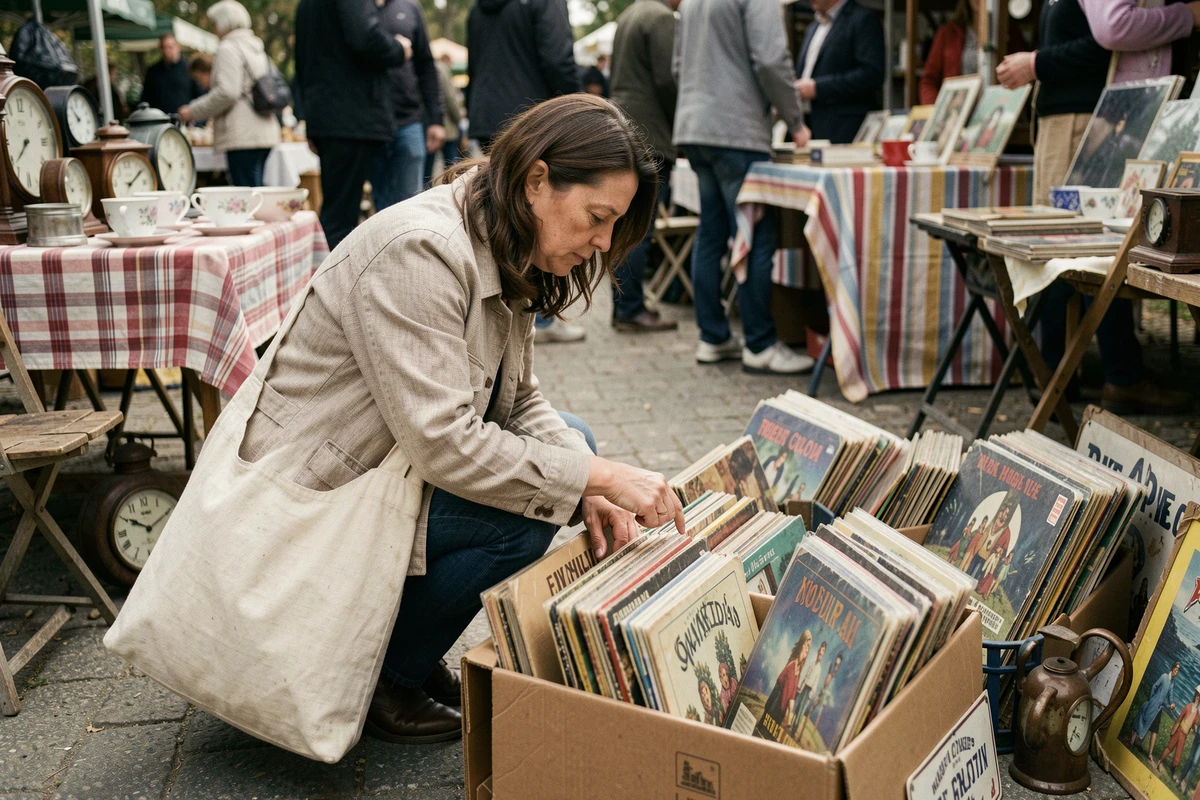 Femme qui fouille des vinyles anciens dans un bac à une brocante en plein air