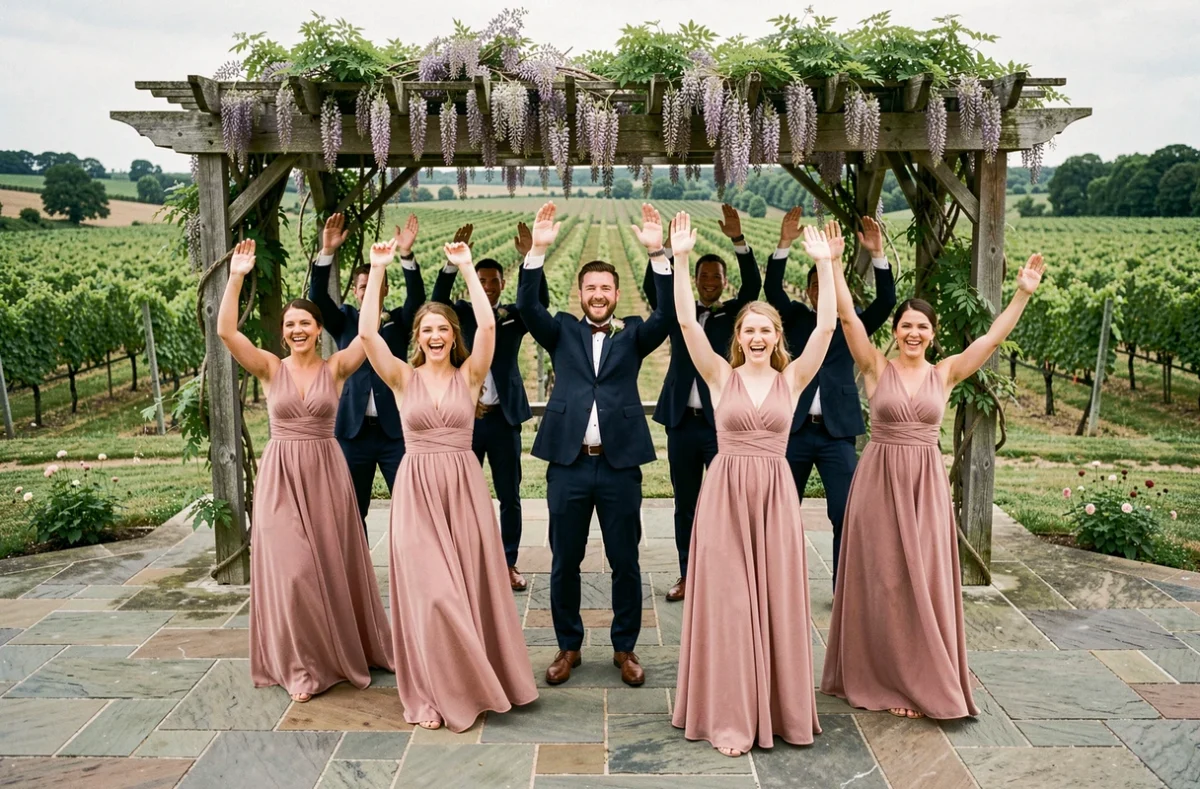 Groupe de témoins réalisant une chorégraphie synchronisée lors d'un mariage en plein air