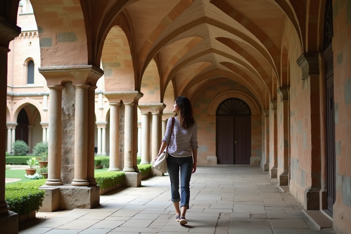 Voyageuse admirant les arcades romanes du cloître de la Basilique Saint-Sernin à Toulouse