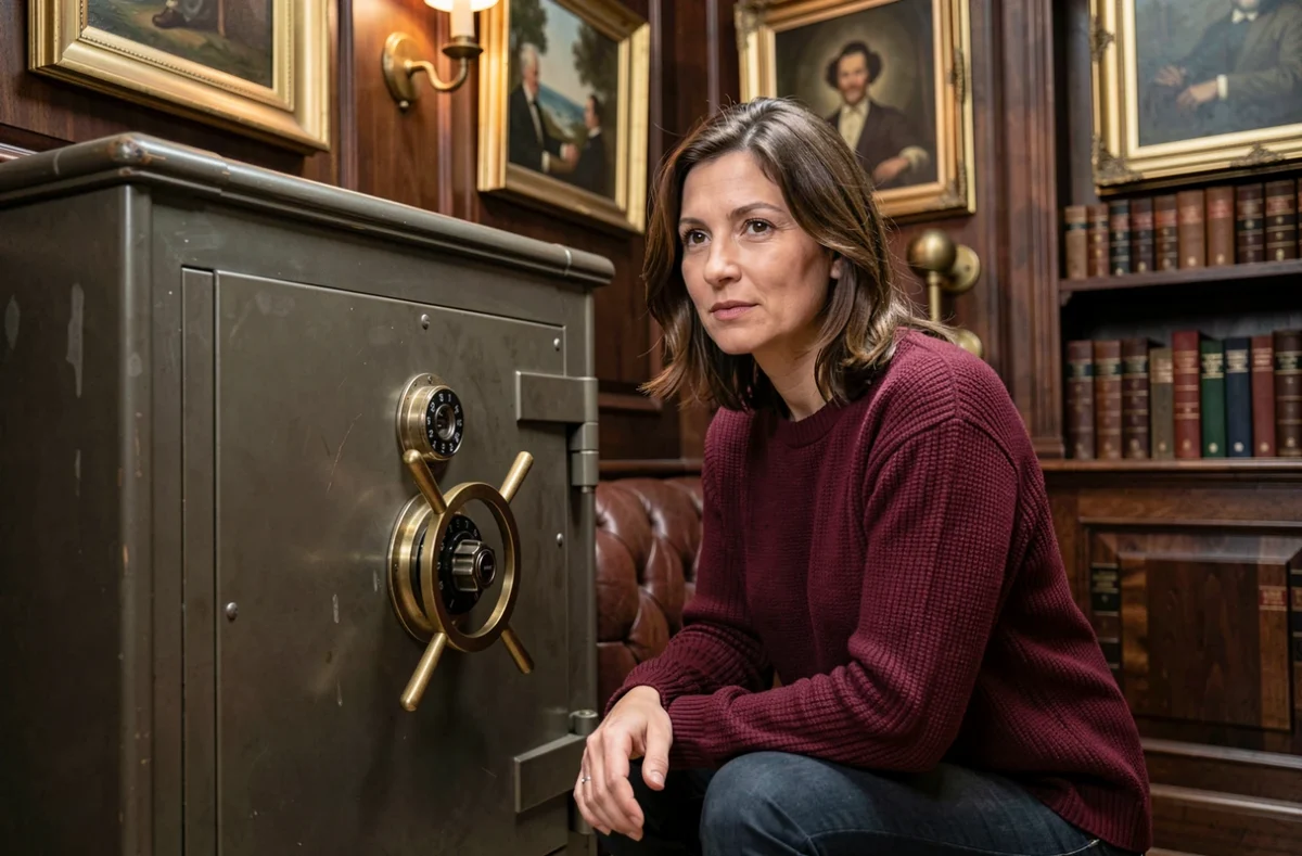 Joueuse concentrée devant un coffre-fort vintage dans la salle victorienne du Club ELI à Mulhouse