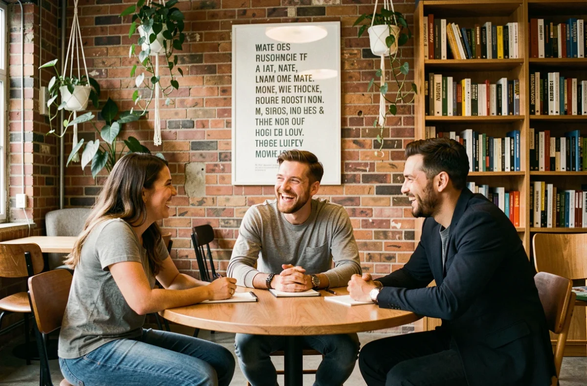 Groupe de collègues souriants réunis autour d'une table dans un coworking, avec une affiche de citation positive au mur