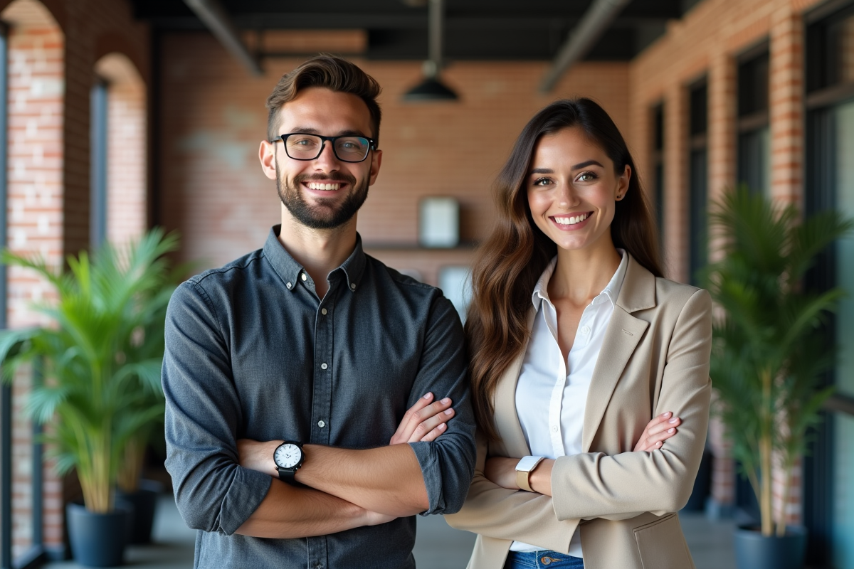 Deux collègues souriants dans un couloir de bureau industriel