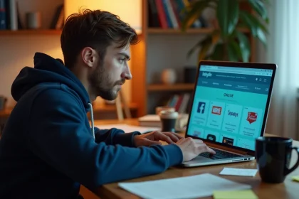 Homme naviguant sur un site de comparaison d'alternatives à Faljam sur ordinateur portable en 2026