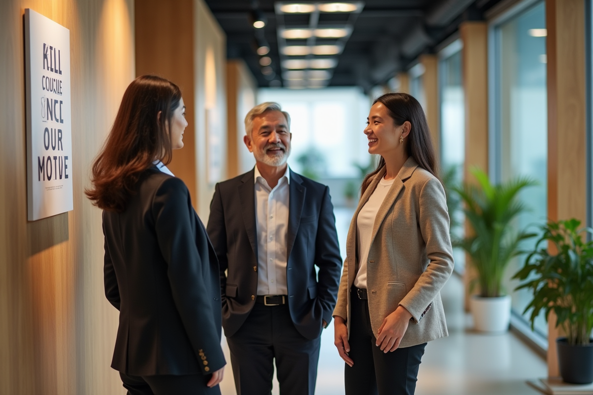 Trois collègues discutant dans un couloir lumineux au bureau