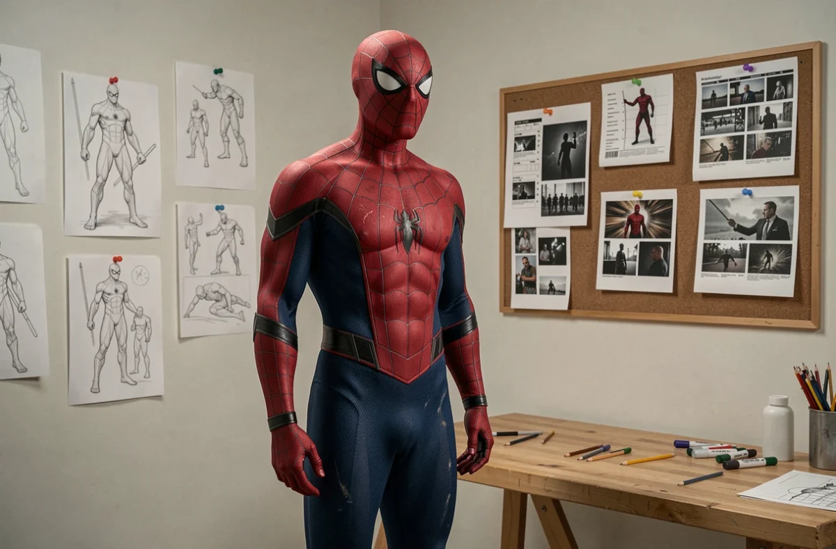 Costume de Spider-Man exposé dans une salle de conception de production avec des planches de storyboard et des croquis de concept art autour