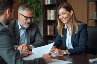 Couple en réunion avec conseiller bancaire dans un bureau moderne