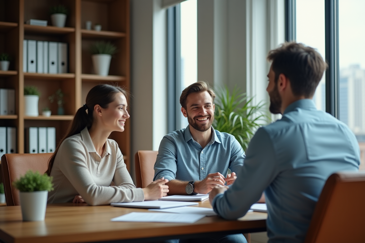 Jeune couple consultant un conseiller en immobilier