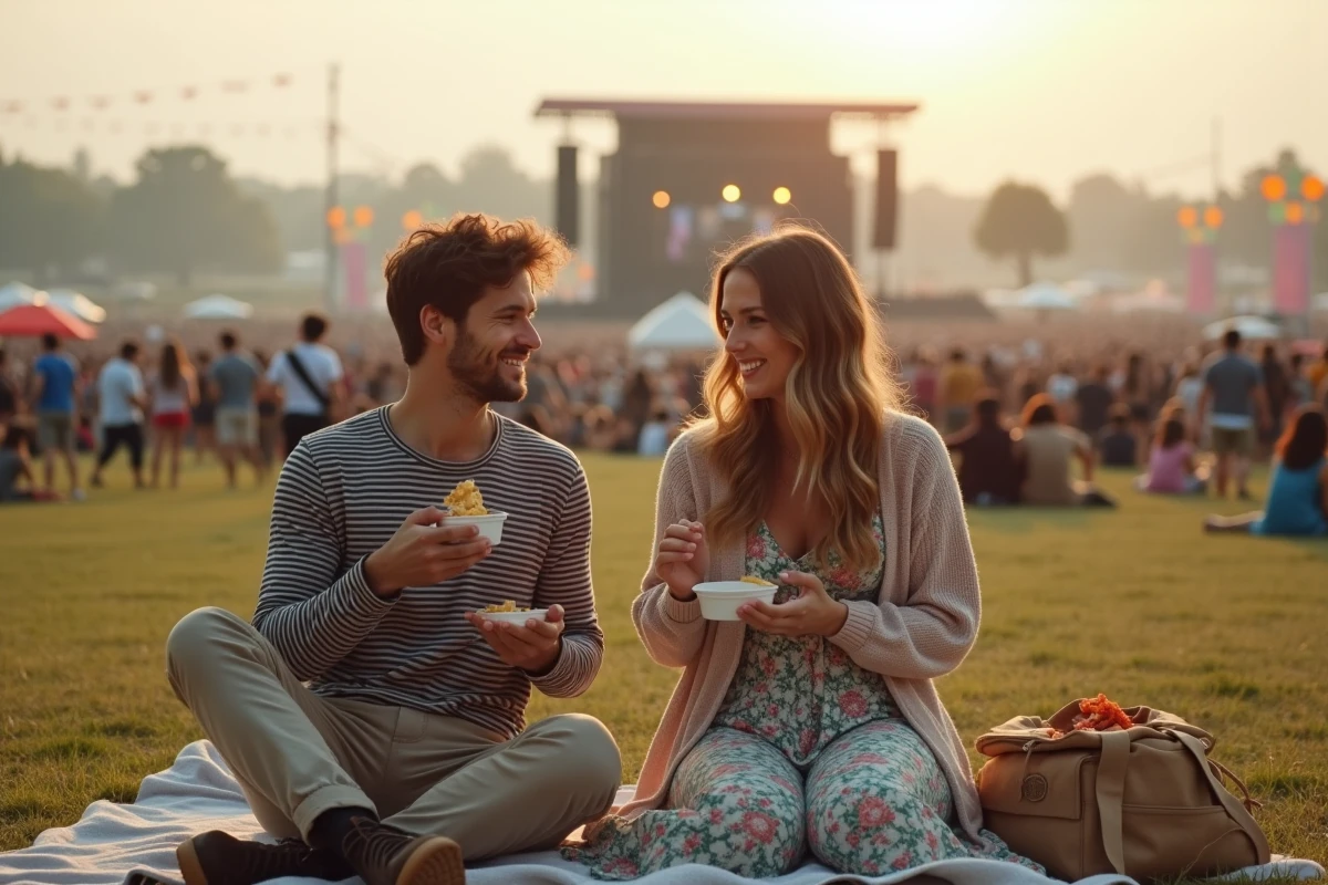 Couple de festivaliers assis sur une couverture dans la prairie du festival Pharenheit, partageant un repas devant la scène