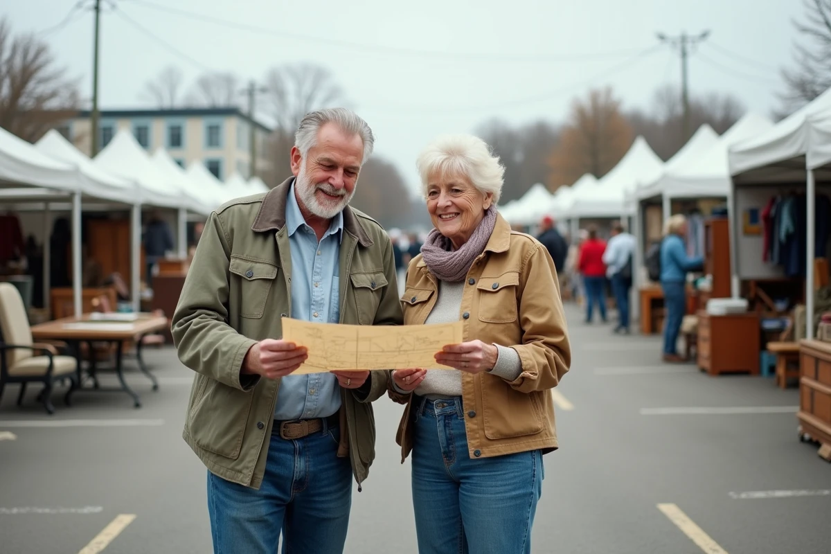 Couple consultant un plan pour organiser leur parcours dans un grand vide grenier urbain le dimanche