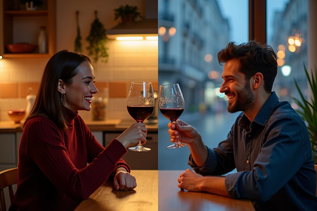 Couple fêtant la Saint-Valentin à distance en trinquant par appel vidéo interposé, chacun dans son environnement différent