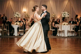 Mariés dansant une valse élégante sur une piste en bois lors d'une réception de mariage