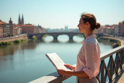 Femme découvrant Toulouse depuis le Pont Neuf avec vue sur la Garonne et l'architecture en briques roses