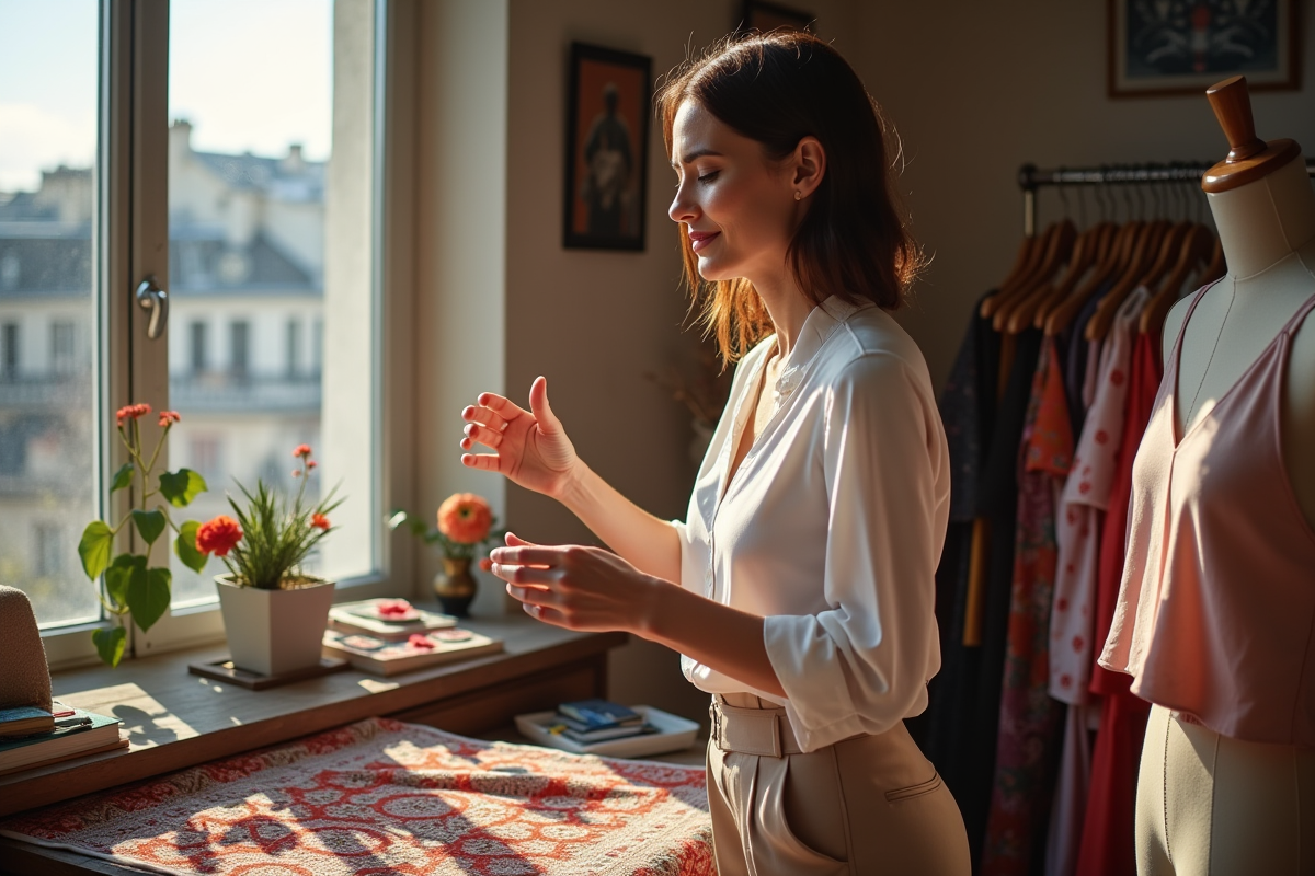 Modiste femme dans son atelier parisien ajustant un textile coloré