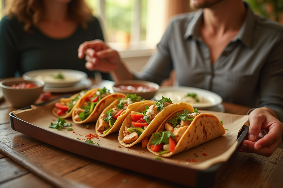 Deux personnes partageant un plat de tacos naans