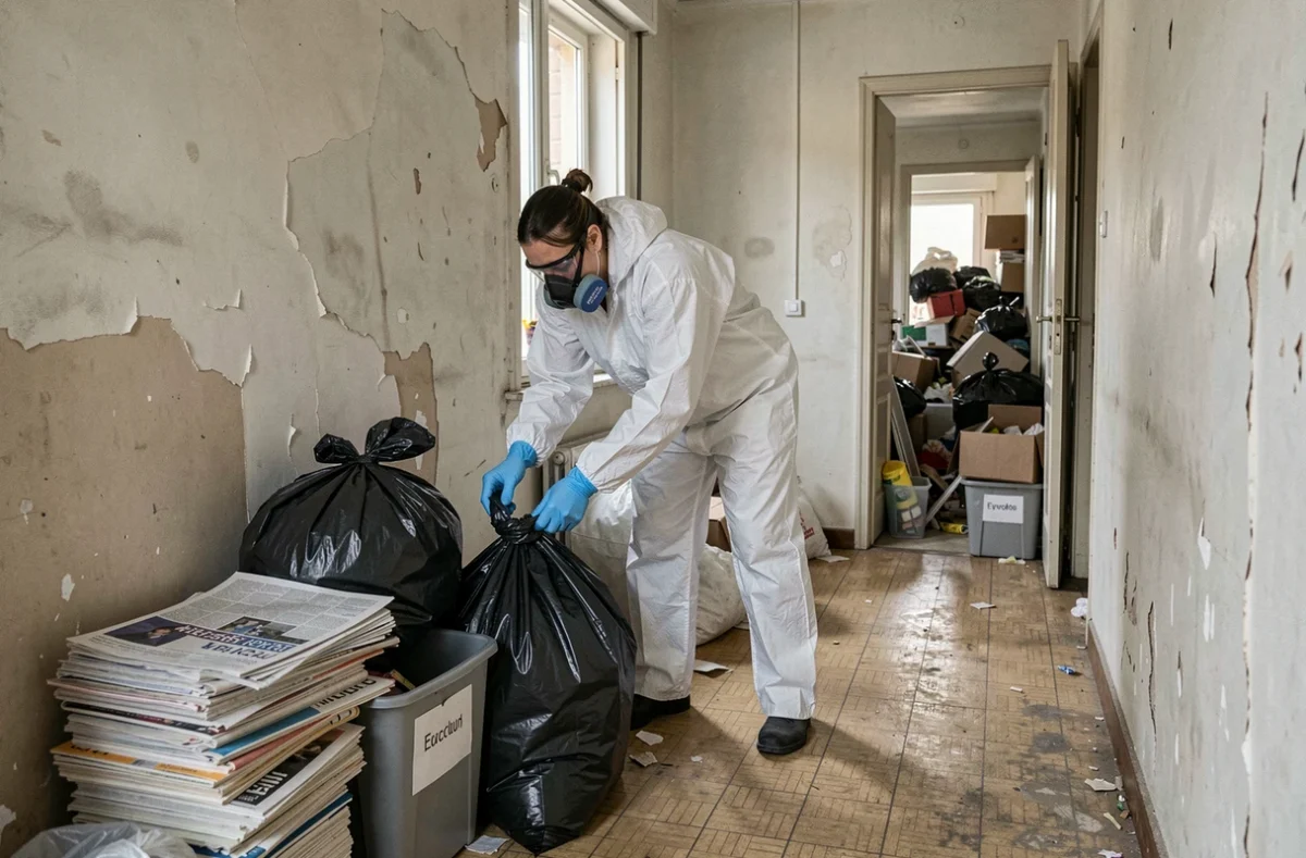 Professionnel en combinaison de protection triant des affaires dans un appartement insalubre encombré à Marseille
