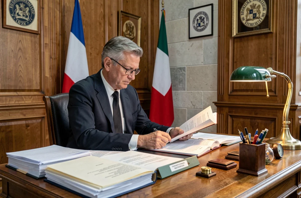 Fonctionnaire des services domaniaux examinant un dossier de succession vacante dans un bureau administratif classique