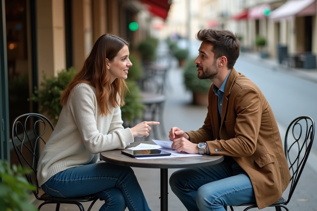 Deux jeunes en service civique discutant des erreurs de rémunération autour de documents budgétaires en terrasse de café