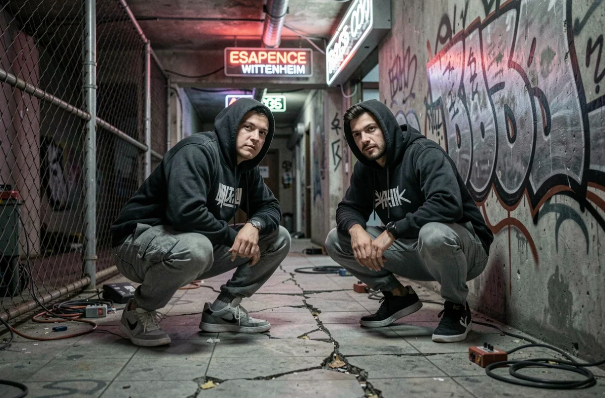 Deux joueurs en tenue urbaine dans le décor dystopique de béton et néons de District 6 à Wittenheim
